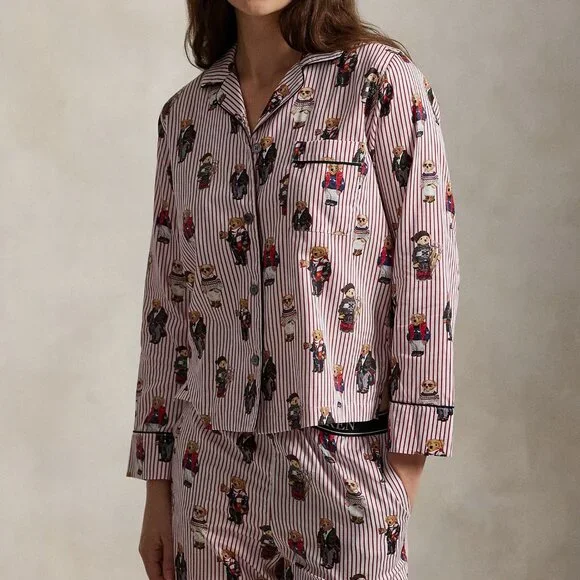 $198 Women's Ralph Lauren Polo Bear Cotton Sateen Red Pajamas 2-pc Gift Bag Set